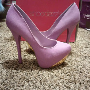 Violet Fabric Gold Accent Pumps